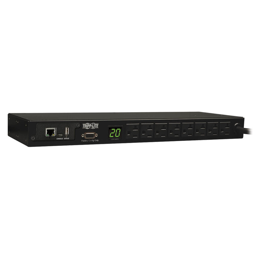 Tripp Lite PDUMNH20 1.9kW Single-Phase Monitored PDU, 120V Outlets (8 5-15/20R), L5-20P/5-20P Adapter, 12 ft. (3.66 m) Cord, 1U Rack-Mount, LX Platform Interface, TAA