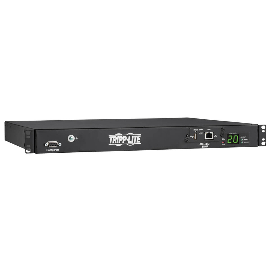 Tripp Lite PDUMNH20HVAT1 3.8kW 200–240V Single-Phase ATS/Monitored PDU - 8 C13 and 2 C19 Outlets, Dual C20 Inlets, 12 ft. Cords, Network Card, 1U, TAA