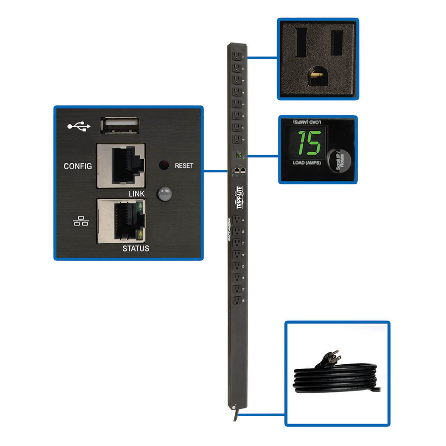 Tripp Lite PDUMNV15LX 1.4kW Single-Phase Monitored PDU with LX Platform Interface, 120V Outlets (16 5-15R), 10 ft. (3.05 m) Cord with 5-15P Plug, 0U, TAA