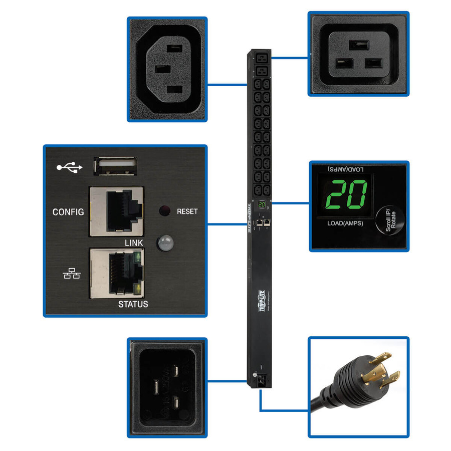 Tripp Lite PDUMNV20HV2LX 3.7kW Single-Phase 208/230V Monitored PDU - LX Platform, 18 C13, 2 C19 Outlets, C20 / L6-20P Inputs, 0U 900mm Height, TAA