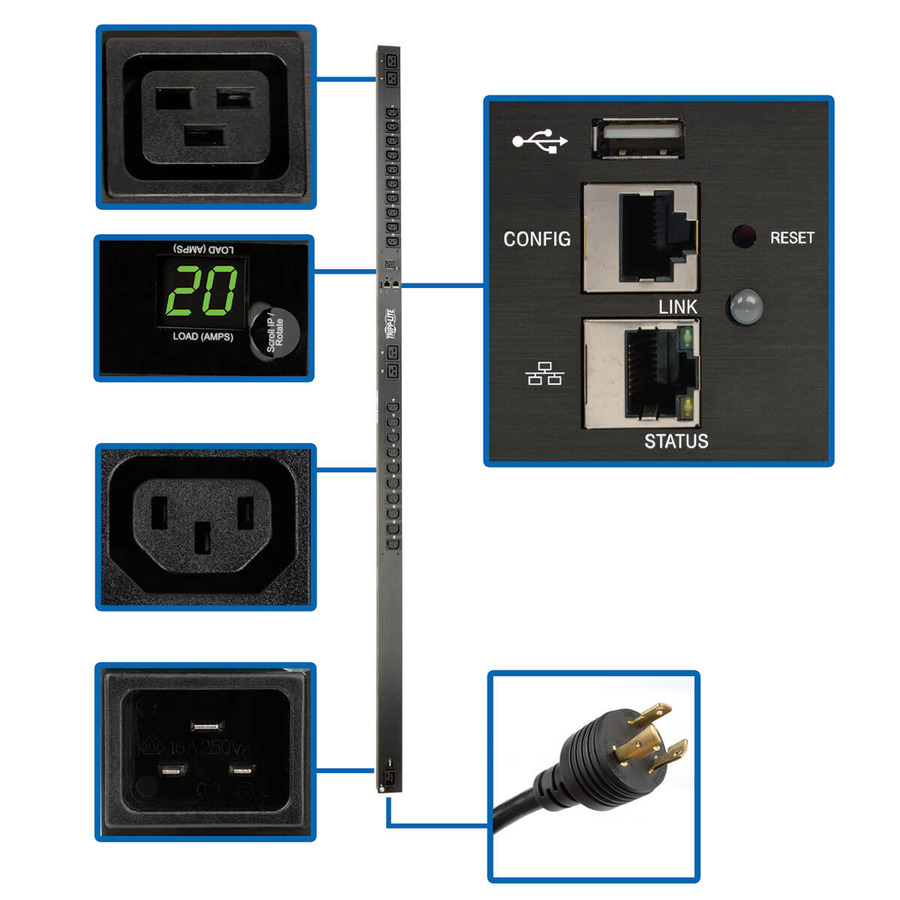 Tripp Lite PDUMNV20HVLX 3.7kW Single-Phase 208/230V Monitored PDU - LX Platform, 20 C13, 4 C19 Outlets, C20 Input with L6-20P Adapter, 0U 1778mm Height, TAA