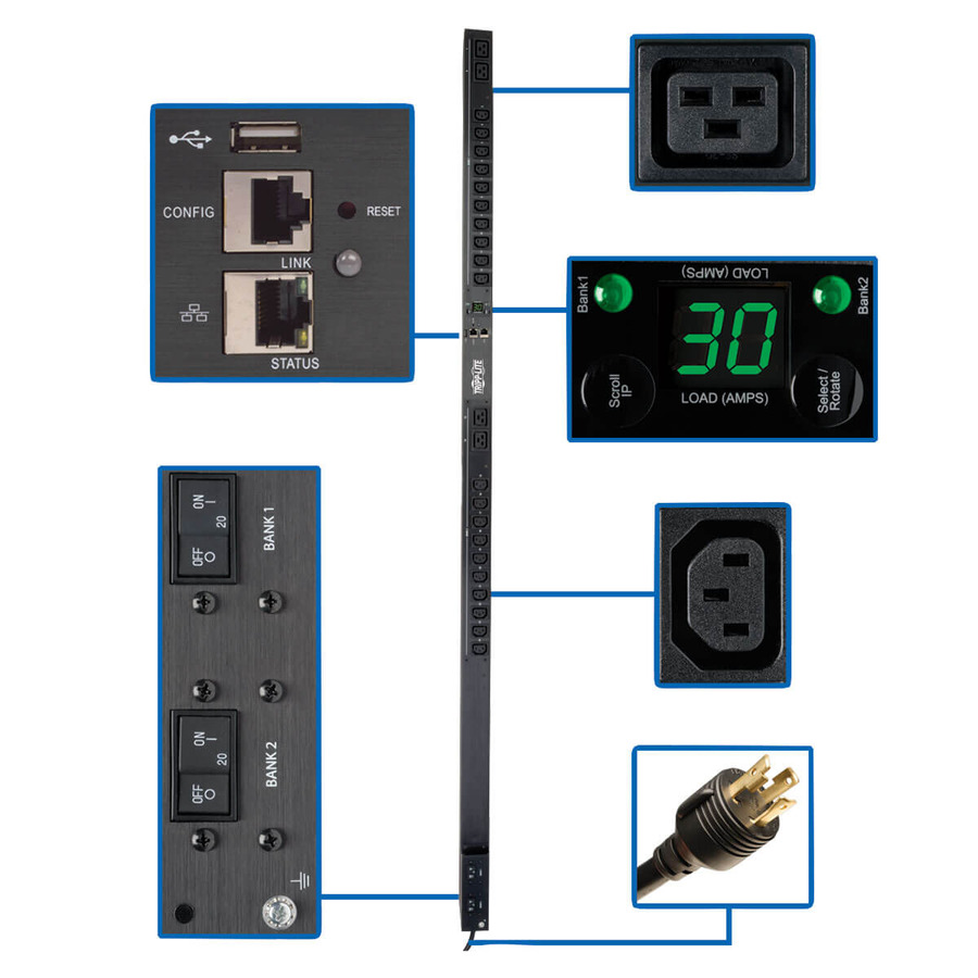 Tripp Lite PDUMNV30HVLX 5.5kW Single-Phase Monitored PDU with LX Platform Interface, 208/230V Outlets (20 C13 & 4 C19), L6-30P, 0U, TAA