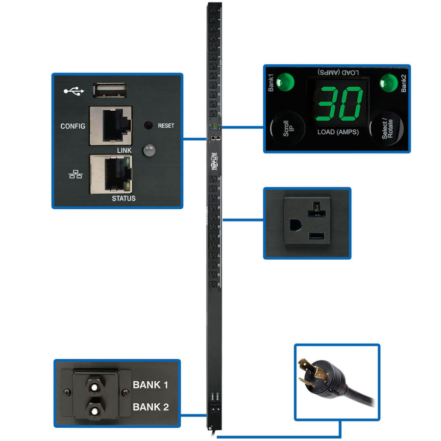 Tripp Lite PDUMNV30LX 2.9kW Single-Phase Monitored PDU with LX Platform Interface, 120V Outlets (24 5-15/20R), L5-30P Plug, 0U Vertical, TAA