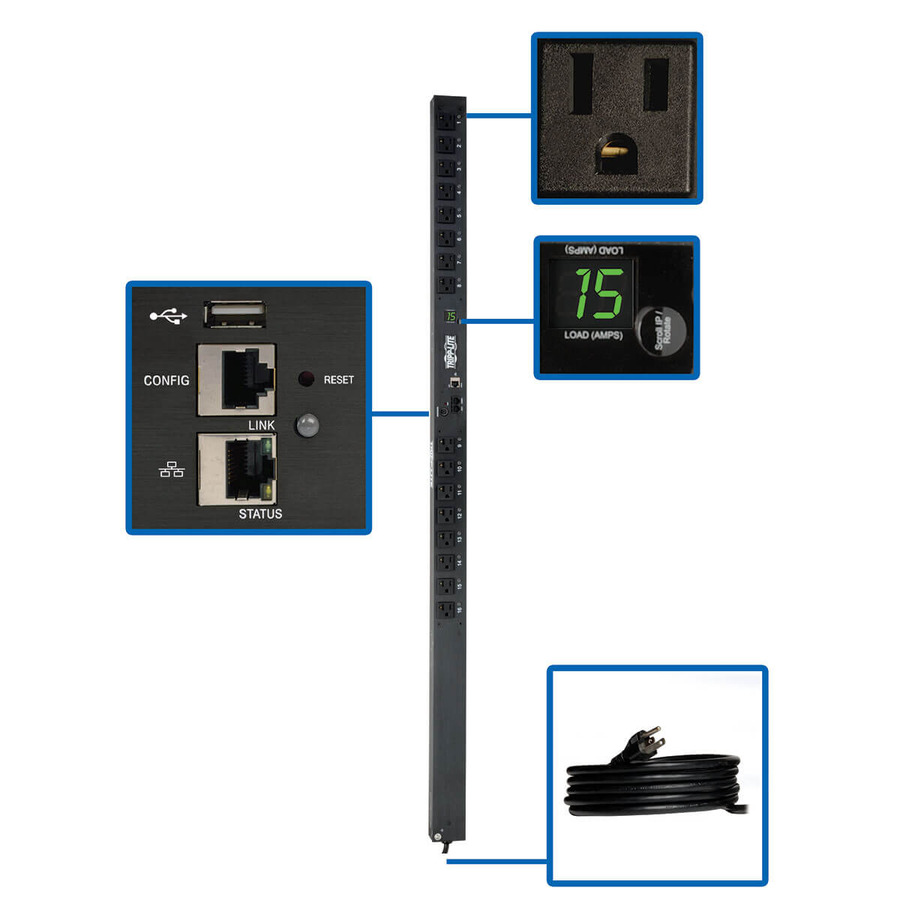 Tripp Lite PDUMV15NETLX 1.4kW Single-Phase Switched PDU - LX Interface, 120V Outlets (16 5-15R), 10 ft. (3.05 m) Cord with 5-15P, 0U, TAA