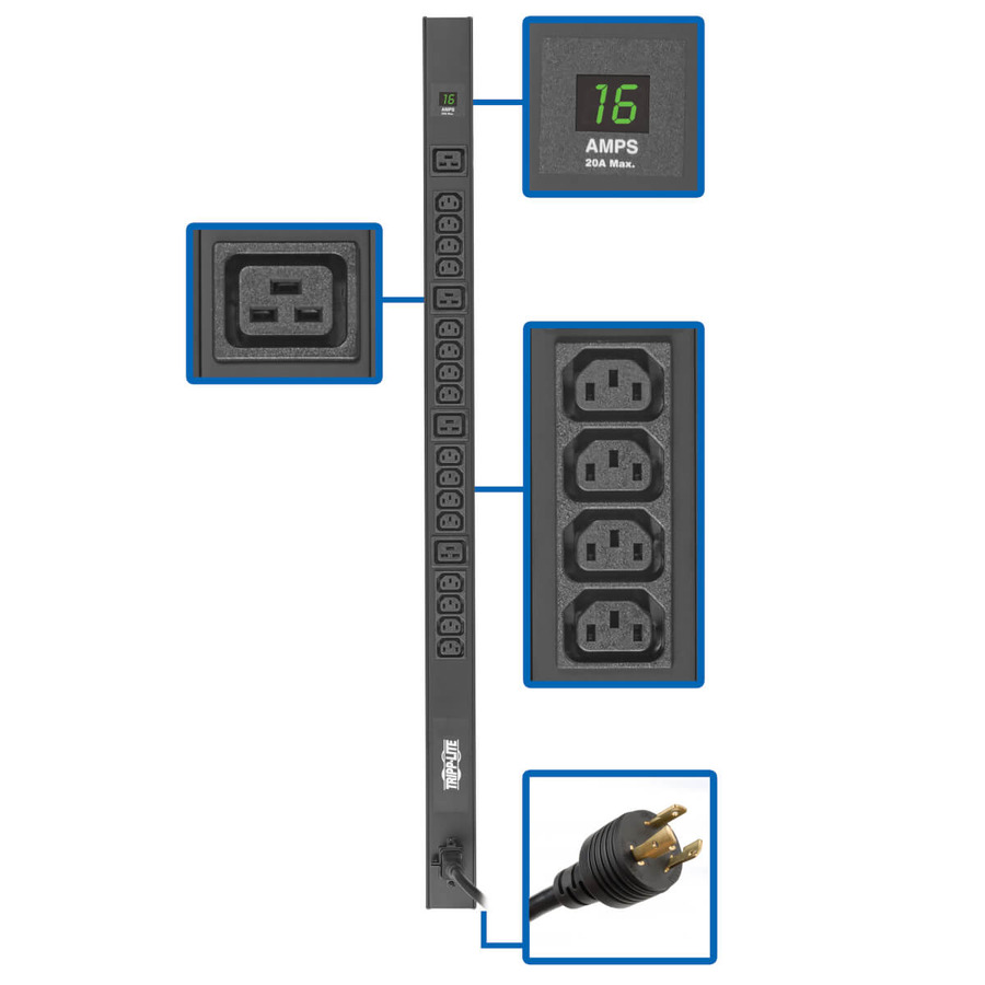 Tripp Lite PDUMV20HV-36 3.7kW 208/230V Single-Phase Local Metered PDU - 16 C13 & 4 C19 Outlets, C20/L6-20P Input, 10-ft. (3.05 m) Cord, 40 in. 0U Rack