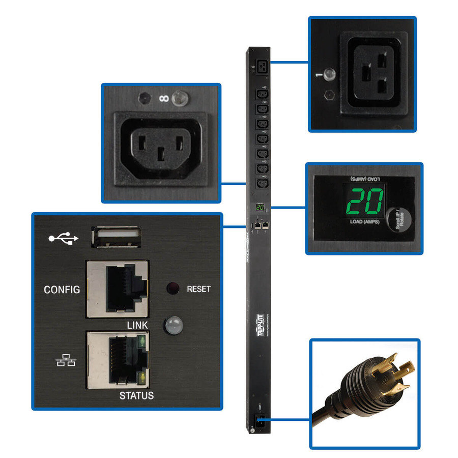 Tripp Lite PDUMV20HVNET2LX 3.7kW Single-Phase 208/230V Switched PDU - LX Platform, 7 C13, 1 C19 Outlets, C20 / L6-20P Inputs, 0U 988mm, TAA