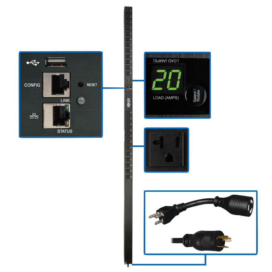 Tripp Lite PDUMV20NETLX 1.9kW Single-Phase Switched PDU - LX Interface, 120V Outlets (24 5-15/20R), 10 ft. (3.05 m) Cord with L5-20P, 0U, TAA