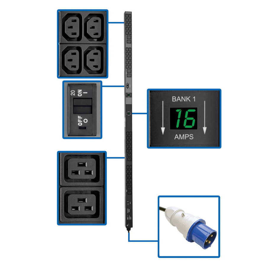 Tripp Lite PDUMV32HV 7.7kW Single-Phase Local Metered PDU, 200-240V Outlets (8 C19 and 40 C13), IEC-309 32A Blue Input, 10 ft. (3.05 m) Cord, 0U Vertical, TAA, 70 in.