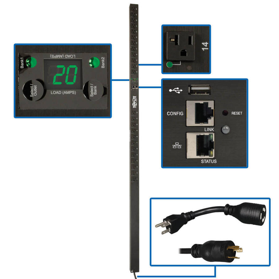 Tripp Lite PDUMVR20NETLX 1.9kW Single-Phase Switched PDU, LX Platform, Outlet Monitoring, 120V Outlets (24 NEMA 5-15/20R), L5-20P Plug, 0U, TAA