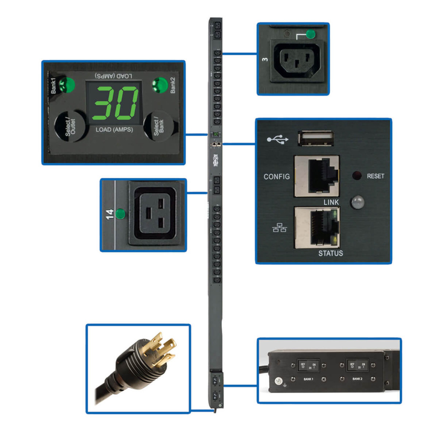 Tripp Lite PDUMVR30HVNETLX 5.5kW Single-Phase Switched PDU, Outlet Monitoring, 208/230V Outlets (20 C13 & 4 C19), 0U, LX Interface, TAA