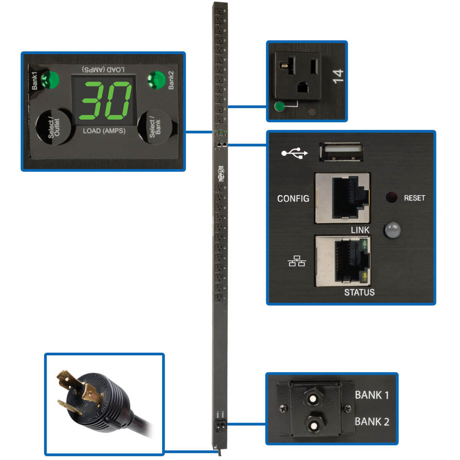 Tripp Lite PDUMVR30NETLX 2.9kW Single-Phase Switched PDU, LX Platform, Outlet Monitoring, 120V Outlets (24 NEMA 5-15/20R), L5-30P Plug, 0U, TAA