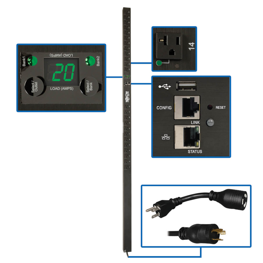 Tripp Lite PDUNVR20LX 1.9kW Single-Phase Monitored Per-Outlet PDU - LX Platform, 24 5-15/20R Outlets (120V), L5-20P/5-20P Input, 0U, TAA