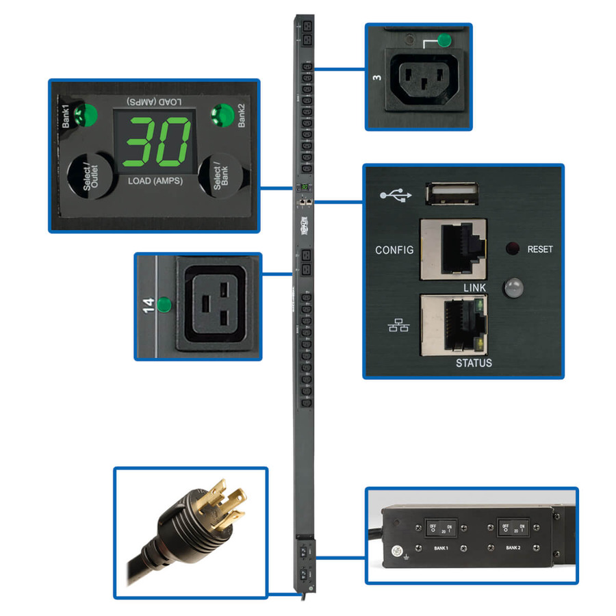 Tripp Lite PDUNVR30HVLX 5.5kW Single-Phase Monitored Per-Outlet PDU - LX Platform, 24 Outlets (208/230V), L6-30P Input, 0U, TAA