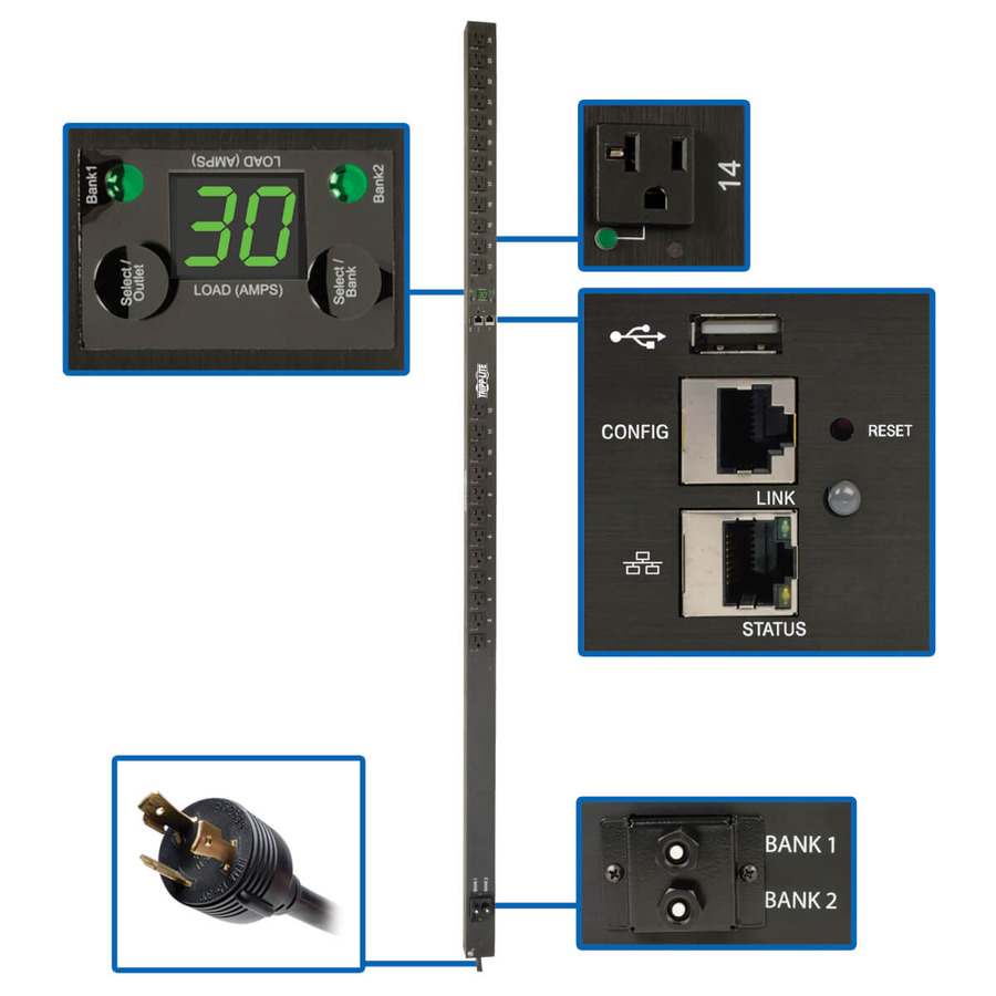 Tripp Lite PDUNVR30LX 2.9kW Single-Phase Monitored Per-Outlet PDU - LX Platform, 24 5-15/20R Outlets (120V), L5-30P Input, 0U, TAA