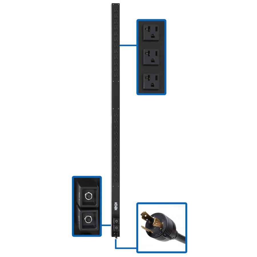 Tripp Lite PDUV30 2.9kW 120V Single-Phase Basic PDU - 24 NEMA 5-15/20R Outlets, L5-30P Input, 10 ft. Cord, 63.75 in. 0U Rack