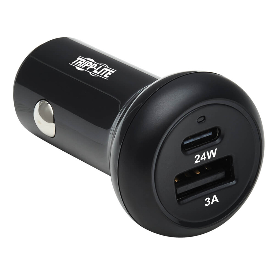 Tripp Lite U280-C02-24W-1B Dual-Port USB Car Charger with 24W Charging - USB-C (24W) PD 3.0, USB-A (24W) QC 3.0, Black