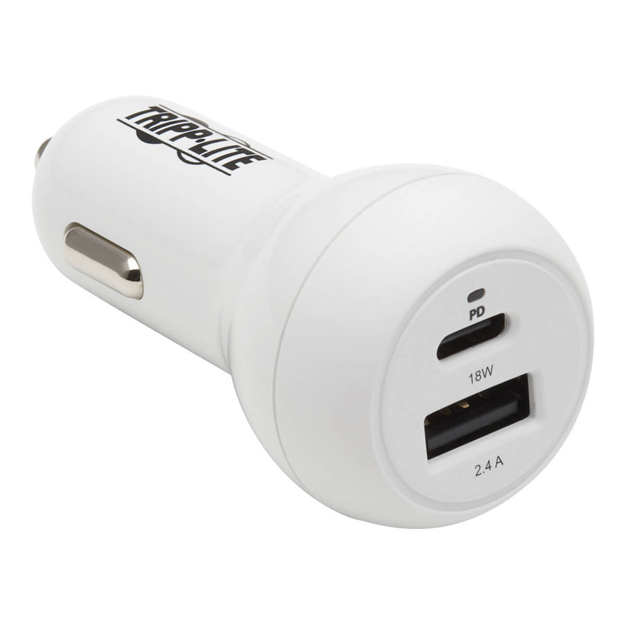 Tripp Lite U280-C02-30W-K Dual-Port USB Car Charger - 30W PD Charging, USB-C (18W) & USB-A (12W), USB-C to Lightning Cable, White