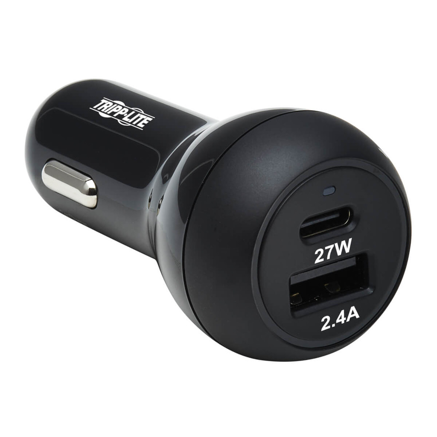 Tripp Lite U280-C02-39W-1B Dual-Port USB Car Charger with 39W Charging - USB-C (27W) PD 3.0, USB-A (12W), Black