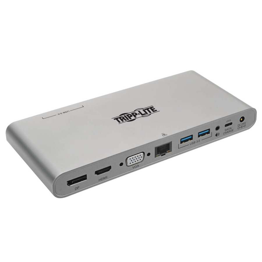 Tripp Lite U442-DOCK4-S USB-C Docking Station, HDMI, VGA, DP, USB-A/C, GbE, 100W PD Charging, Power Supply Included – 4K @ 30 Hz, Thunderbolt 3, Silver