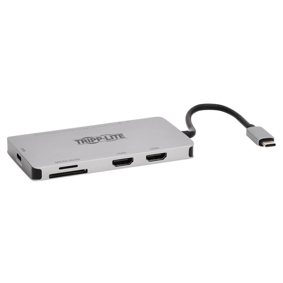 Tripp Lite U442-DOCK8-GG USB-C Dock, Dual Display - 4K 60 Hz HDMI, USB 3.2 Gen 1, USB-A Hub, Memory Card, 100W PD Charging, Gray