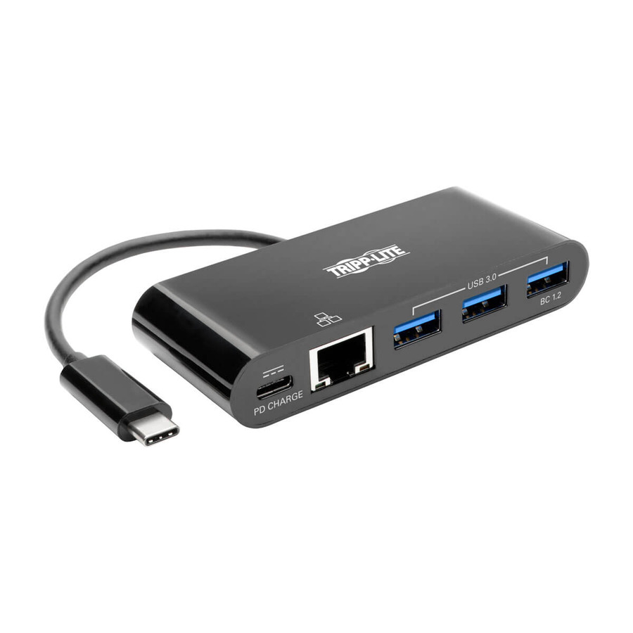 Tripp Lite U460-003-3AGB-C 3-Port USB-C Hub with LAN Port and Power Delivery, USB-C to 3x USB-A, Gbe, 60W PD Charging, USB 3.0, Black