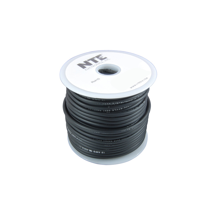 NTE Electronics WTL18-00-50 Test Lead Wire 5000V 18 Gauge Black, Stranded Tinned Copper EPDM Rubber Insulation 50 Feet