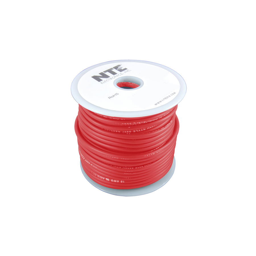 NTE Electronics WTL18-02-100 Test Lead Wire 5000V 18 Gauge Red, Stranded Tinned Copper EPDM Rubber Insulation 100 Feet