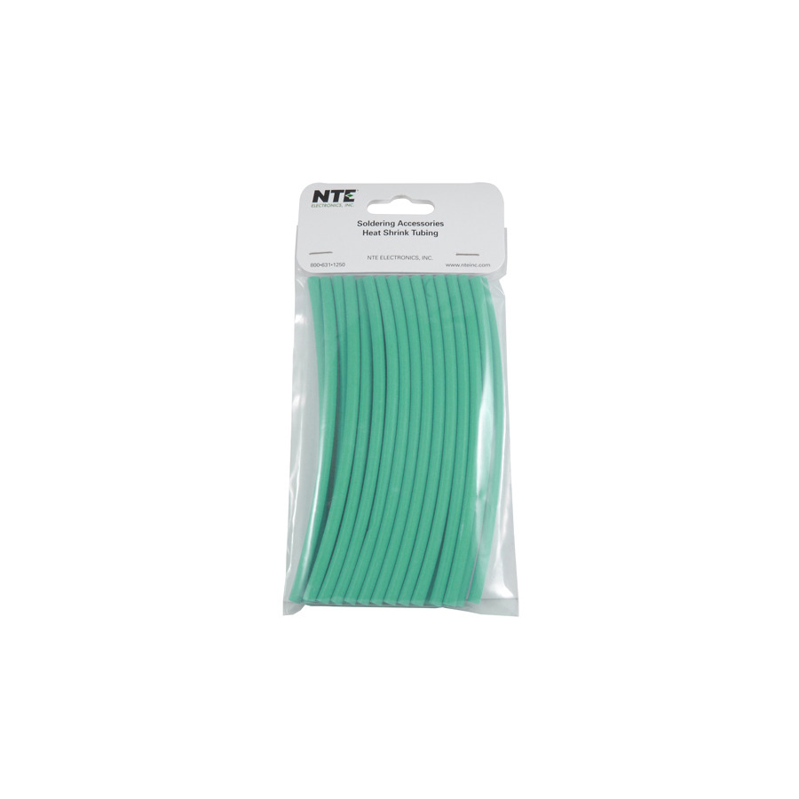 NTE Electronics 47-20406-G Heat Shrink Tubing, 3/16" Dia, Thin, Green, 6" L, 2:1 Shrink, 25/Pkg.