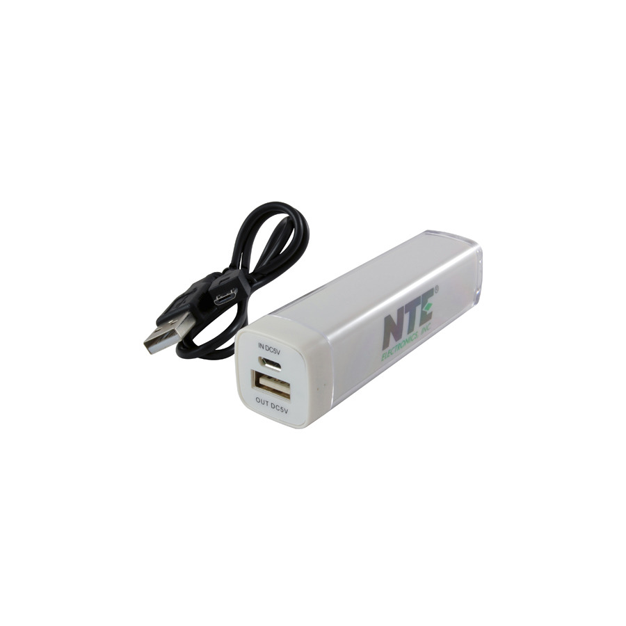 NTE Electronics 57-PB1 Power Bank 2600mah Capacity 5Vdc 1 AMP, Output Includes Micro Usb Cable Color White, With NTE Logo