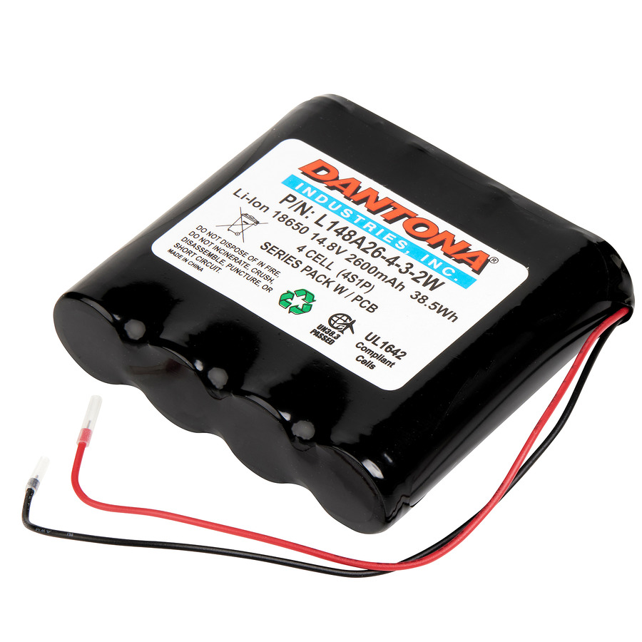 Dantona L148A26-4-3-2W Lithium-Ion Battery Pack, 14.8V, 2600 mAh capacity, 18650 w/wire leads