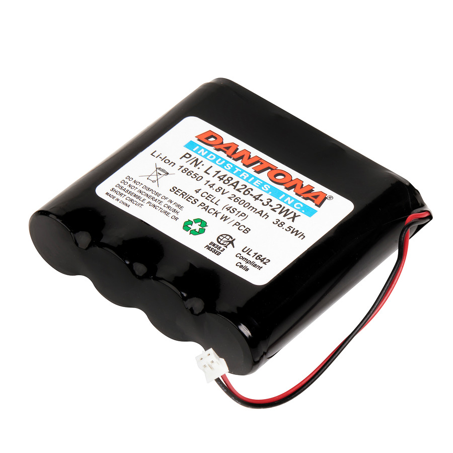 Dantona L148A26-4-3-2WX Lithium-Ion Battery Pack, 14.8V, 2600 mAh capacity, 18650 w/2 circuit connector