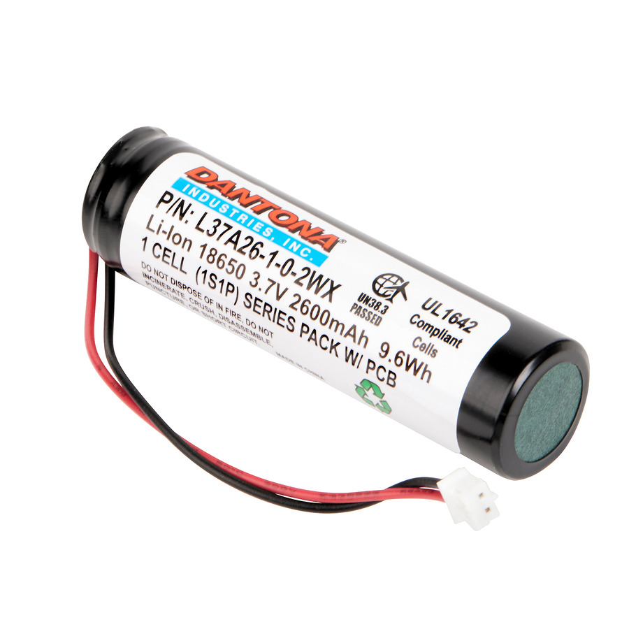 Dantona L37A26-1-0-2WX Lithium-Ion Battery Pack, 3.7V, 2600 mAh capacity, 18650 w/2 circuit connector