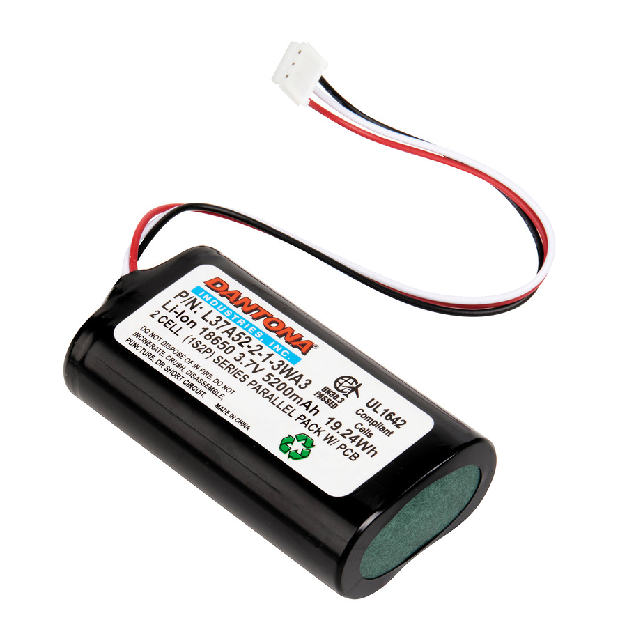 Dantona L37A52-2-1-3WA3 Lithium-Ion Battery Pack, 3.7V, 5200 mAh capacity, 18650 w/3 circuit connector