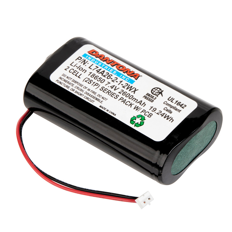 Dantona L74A26-2-1-2WX Lithium-Ion Battery Pack, 7.4V, 2600 mAh capacity, 18650 w/2 circuit connector