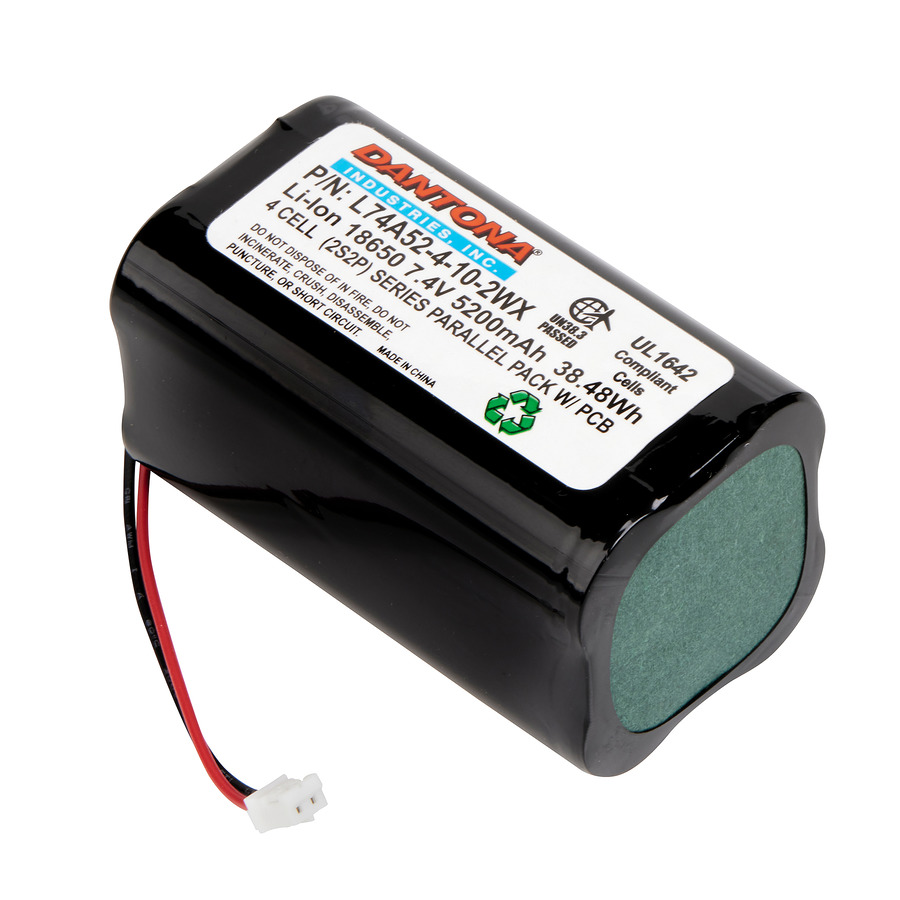 Dantona L74A52-4-10-2WX Lithium-Ion Battery Pack, 7.4V, 5200 mAh capacity, 18650 Square w/2 circuit connector