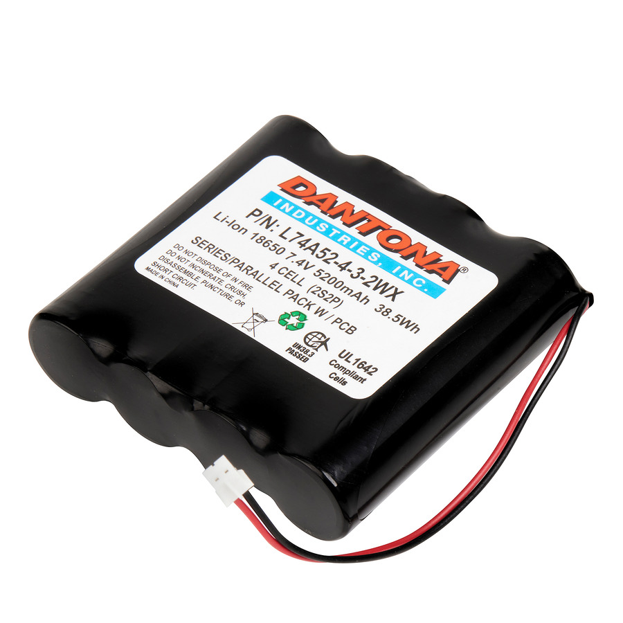 Dantona L74A52-4-3-2WX Lithium-Ion Battery Pack, 7.4V, 5200 mAh capacity, 18650 w/2 circuit connector