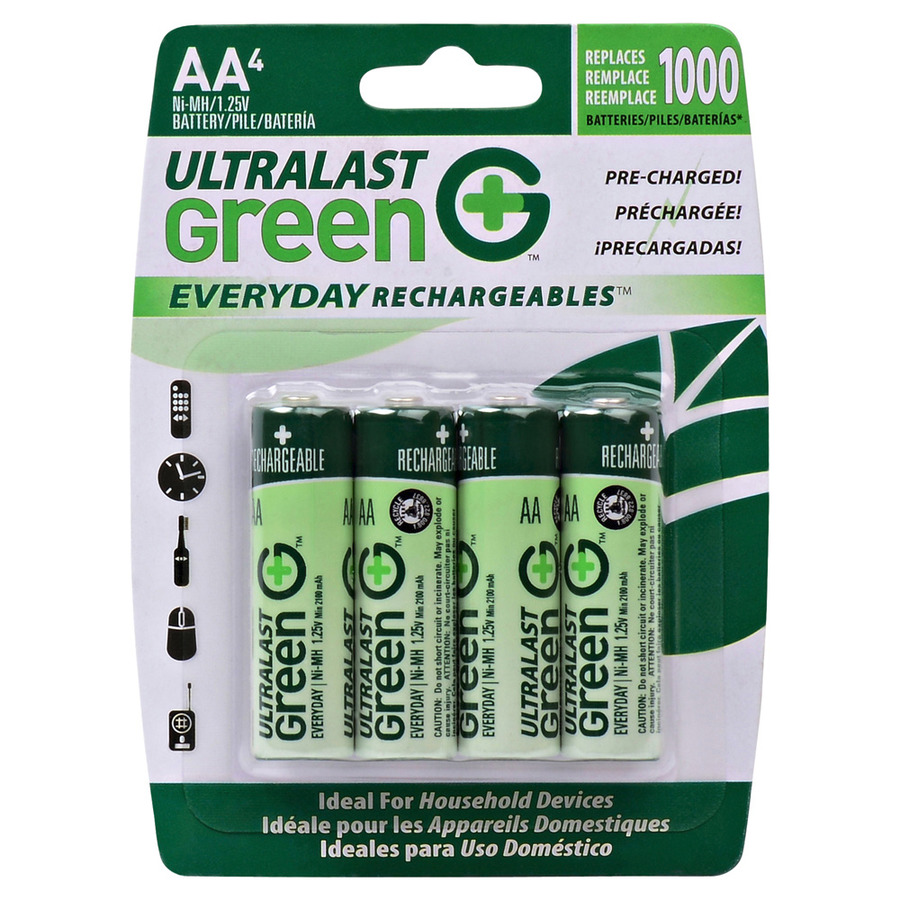 Ultralast ULGED4AA AA Rechargeable NIMH Batteries, 1.2V, 2100 mAh capacity, Nickel, 4/Pk