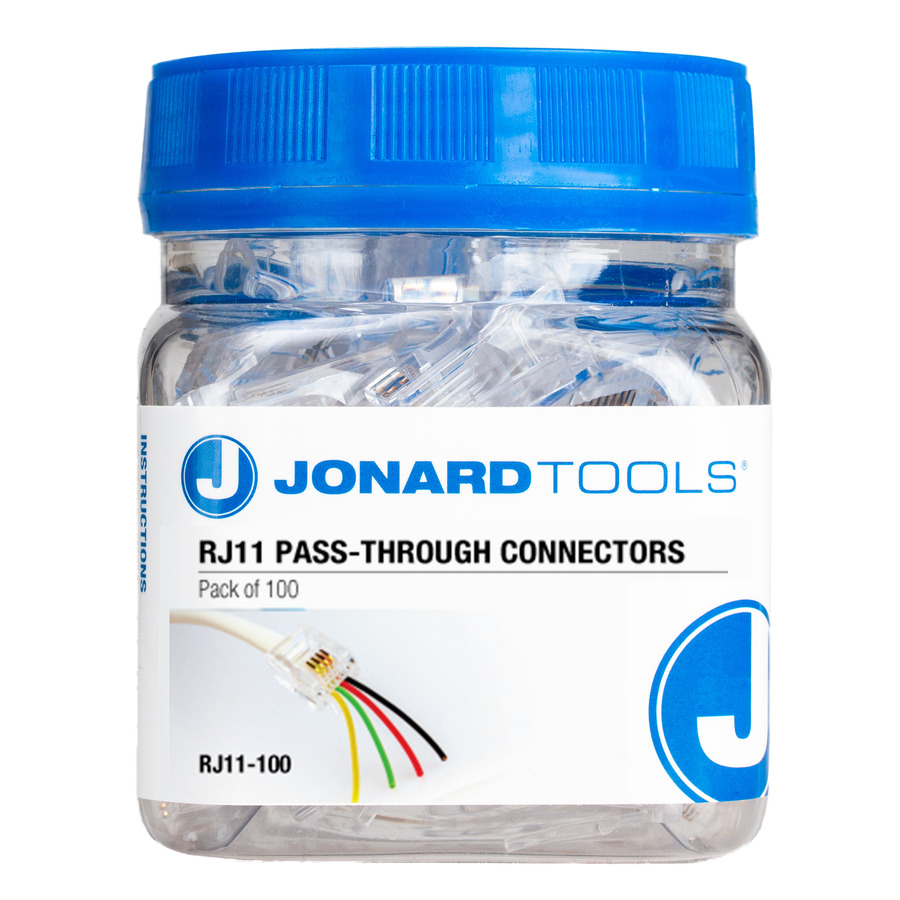 Jonard Tools RJ11-100 Pass-Through Connectors, Flat or Round CAT3, 2-Prong RJ11, Clear, 100/Pack