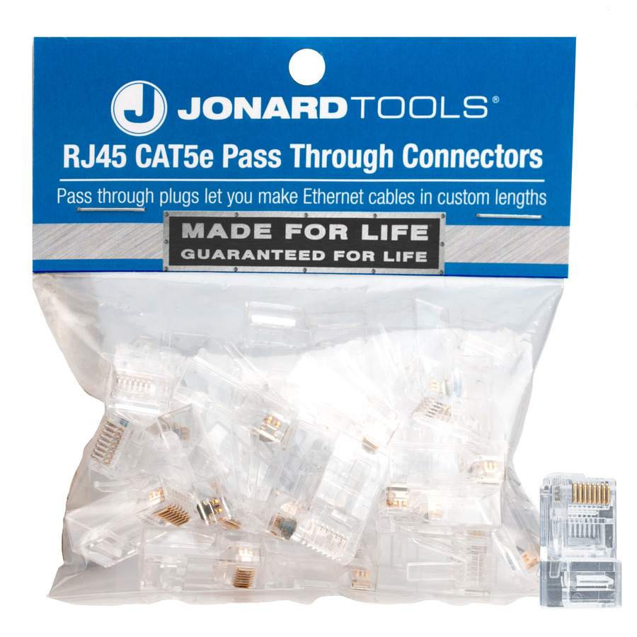 Jonard Tools RJ45-525 Pass-Through Connectors, CAT5/CAT5e Network Cables, 3-Prong RJ45, Clear, 25/Pack