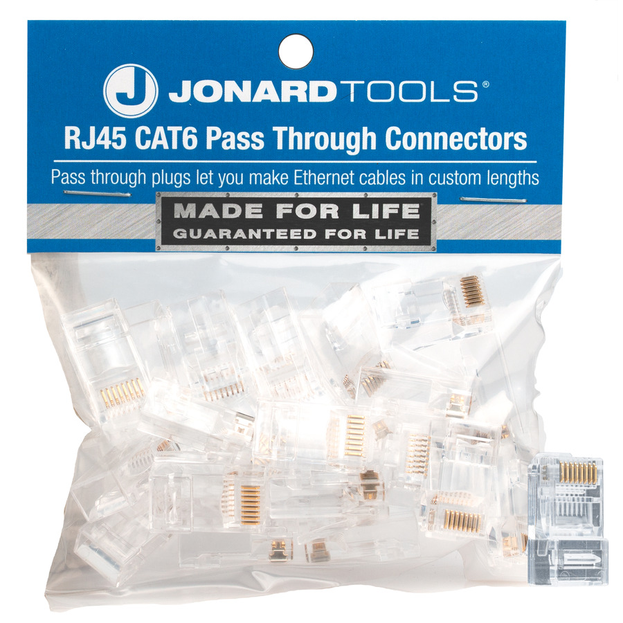 Jonard Tools RJ45-625 Pass-Through Connectors, CAT5/CAT5e Network Cables, 3-Prong RJ45, Clear, 25/Pack