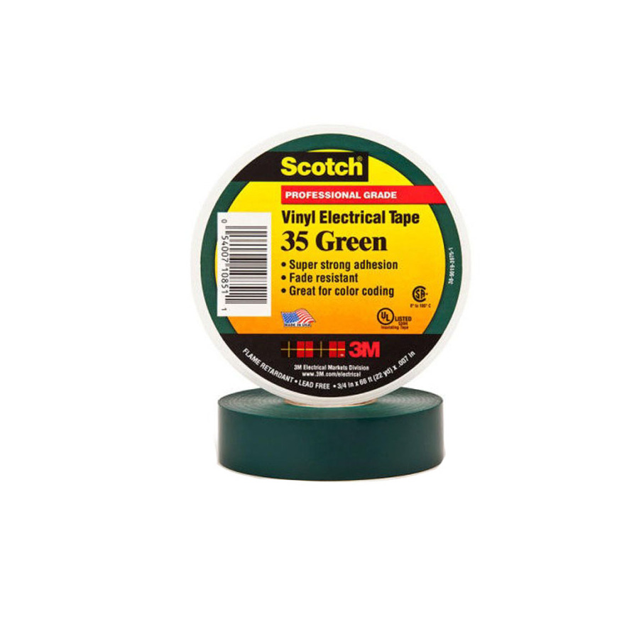 3M 7000006098 Vinyl Electrical Tape, Green, Professional Grade, 3/4" x 76'