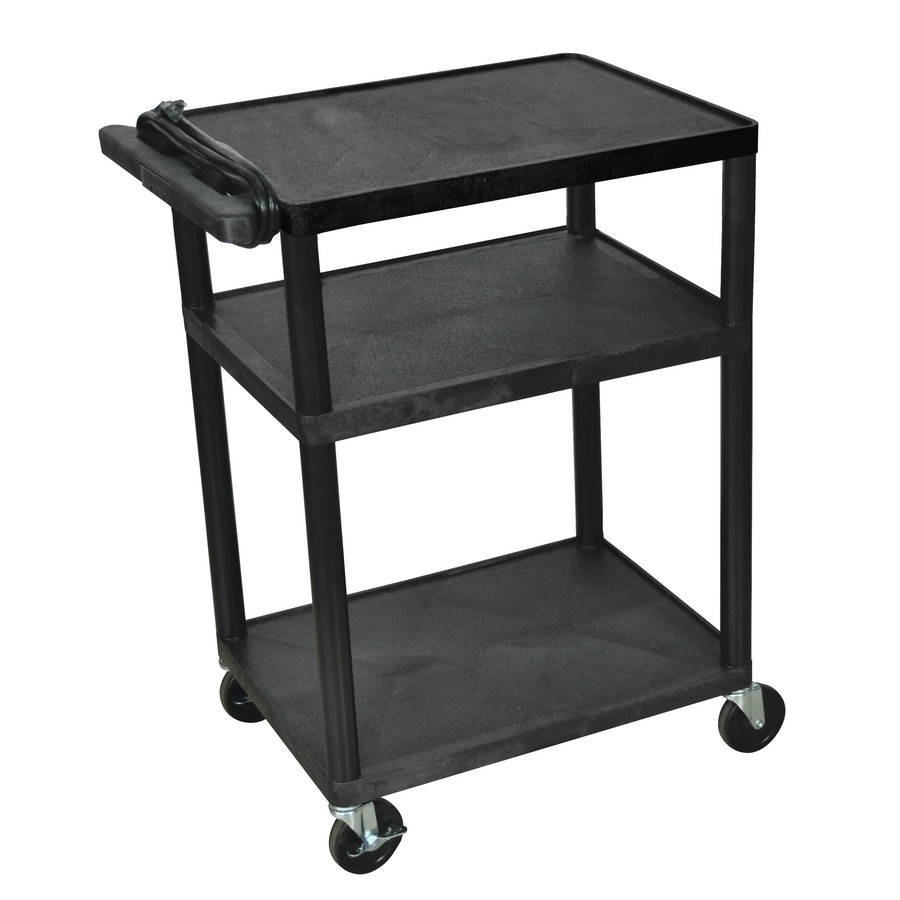 Luxor LP34E-B AV Cart - 3 Shelf, with Power Strip, 18"x24"x34"H, Black