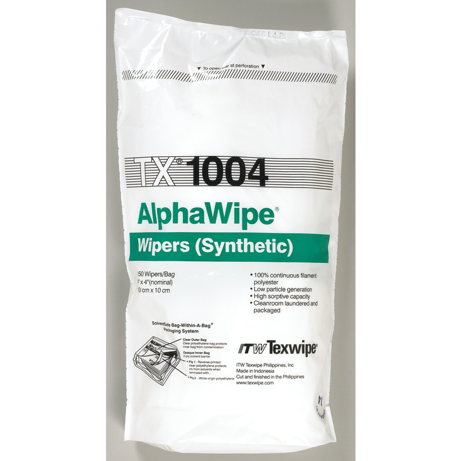 ITW Texwipe TX1004 Cleanroom Wipes, AlphaWipe 100% Continuous-Filament Polyester, 4"x4", 300/Bag