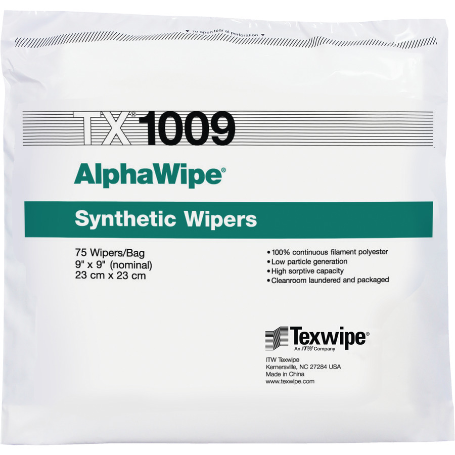 ITW Texwipe TX1009 Cleanroom Wipes, AlphaWipe 100% Continuous-Filament Polyester, 9"x9", 150/Bag