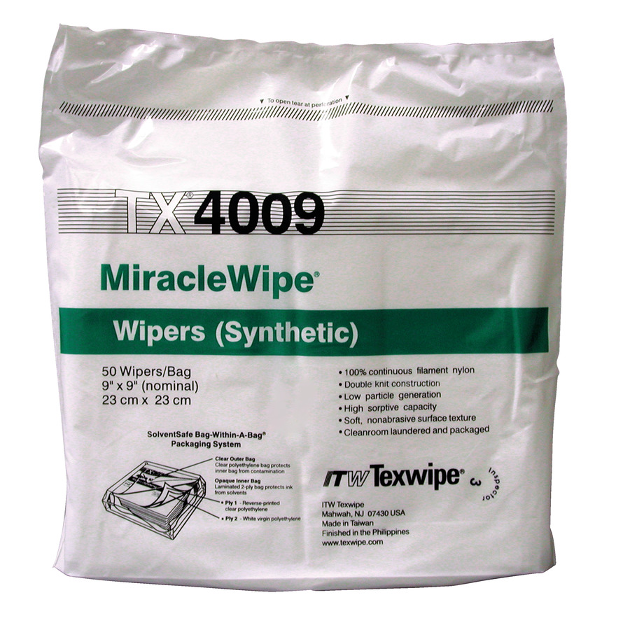 ITW Texwipe TX4009 Cleanroom Wipes, MiracleWipe 100% Continuous-Filament Nylon, 9"x9", 150/Bag