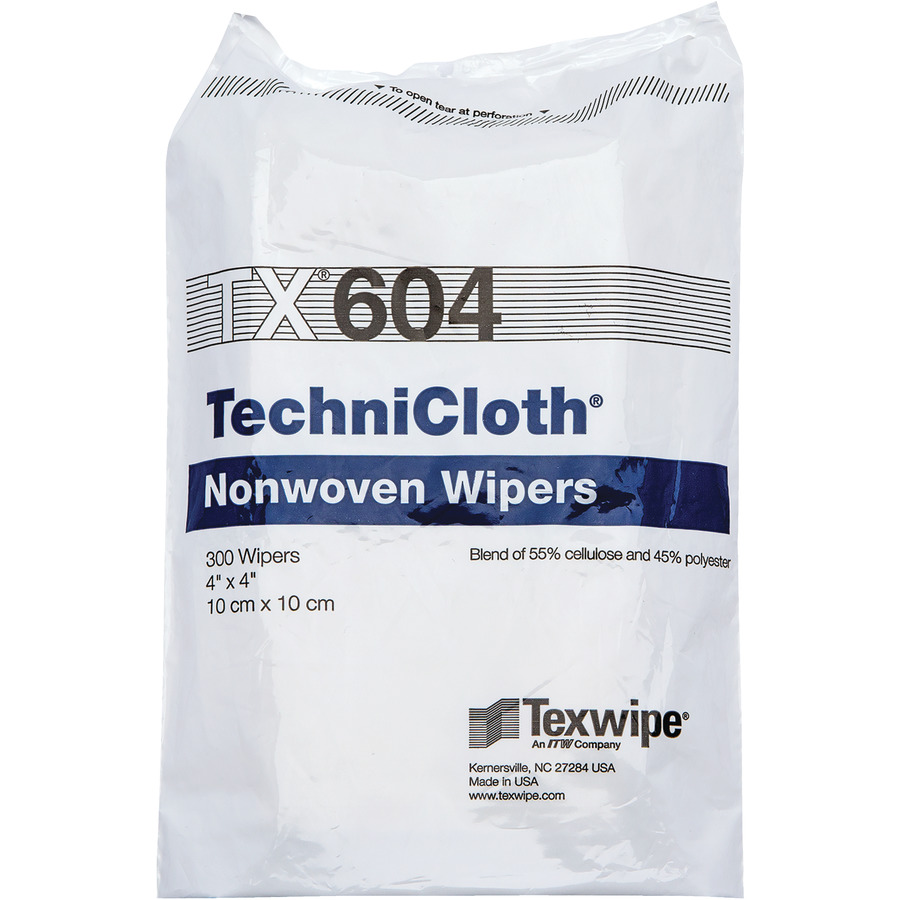 ITW Texwipe TX604 Cleanroom Wipes, TechniCloth Cellulose/Polyester Blend, 4"x4", 1200/Bag