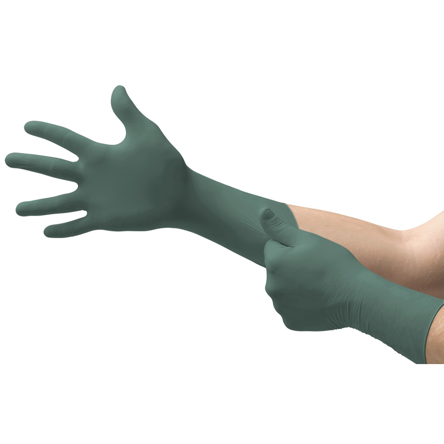 MICROFLEX 162598 Gloves, Nitrile, Powder Free, Ext Cuff, Texture, Green, Lg, 50/Bx, Dura Flock Series