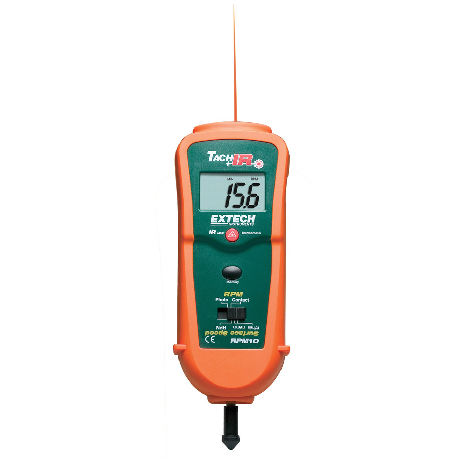 Extech RPM10 Tachometer, Photo/Contact, w/Infrared Thermometer, RPM & Linear Surface Speed