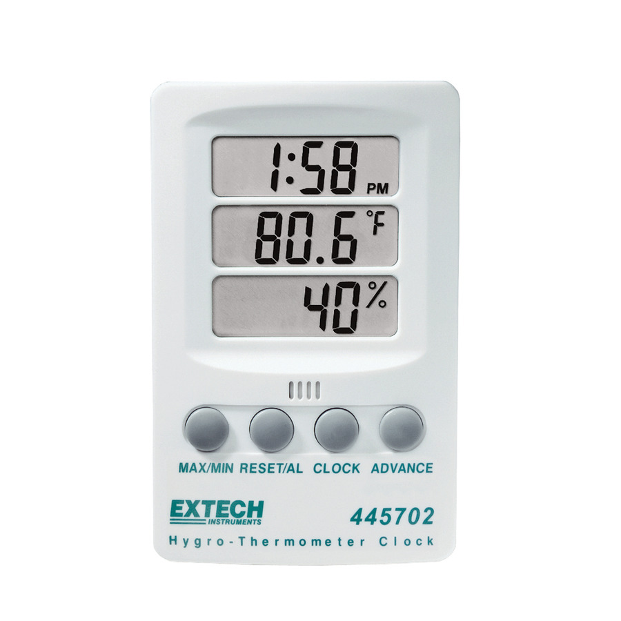 Extech 445702 Hygro-Thermometer Clock, 3 Displays, Time/Temp/RH, MAX/MIN Data Hold, Reset Function