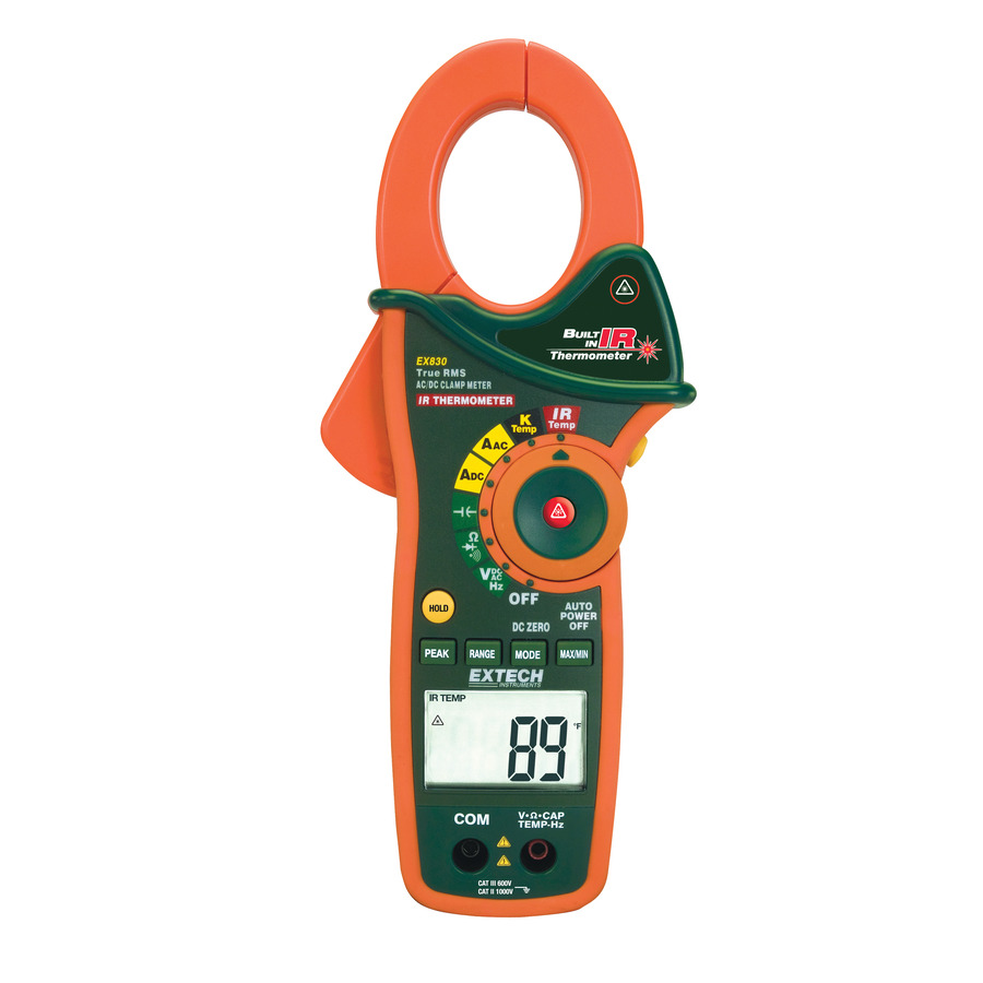 Extech EX830 Clamp Meter, AC/DC, Infrared Thermometer, True RMS, 1000A, Multimeter Function